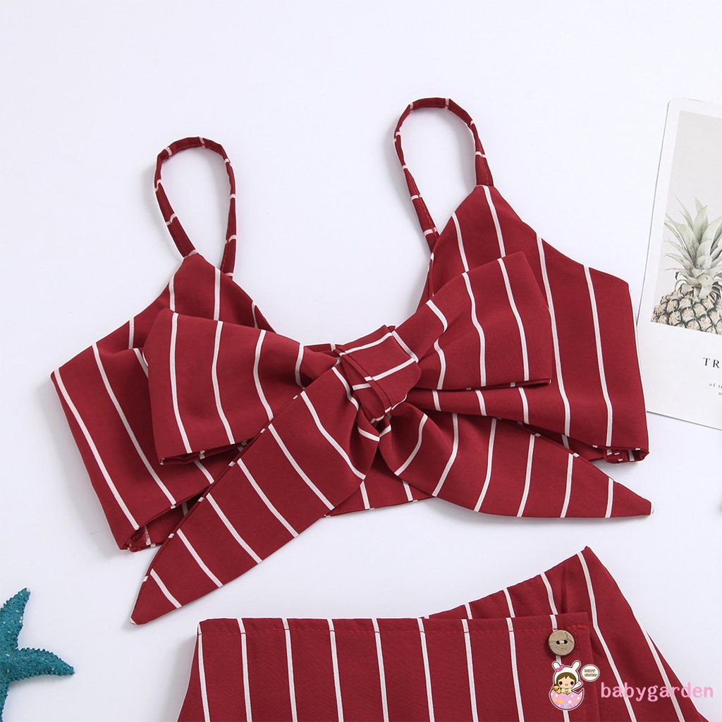 Set áo croptop không tay cổ vuông + quần ngắn họa tiết kẻ sọc cho bé gái từ 1 tới 7 tuổi