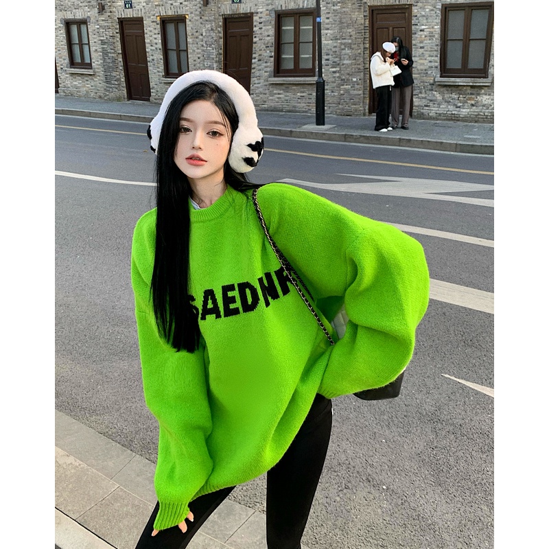 Áo Sweater Dệt Kim Tay Dài Dáng Rộng Màu Xanh Lá Kiểu Hàn Quốc Thời Trang Thu Đông Cho Nữ wd37