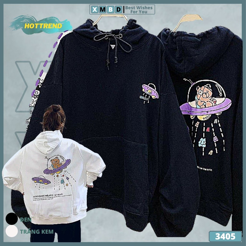 Áo Khoác Hoodie Nỉ Bông Tay Phồng Form Rộng Cánh Dơi In UF.O SWAETER HOODIE Nữ in GẤU U.F.O - AK 3405