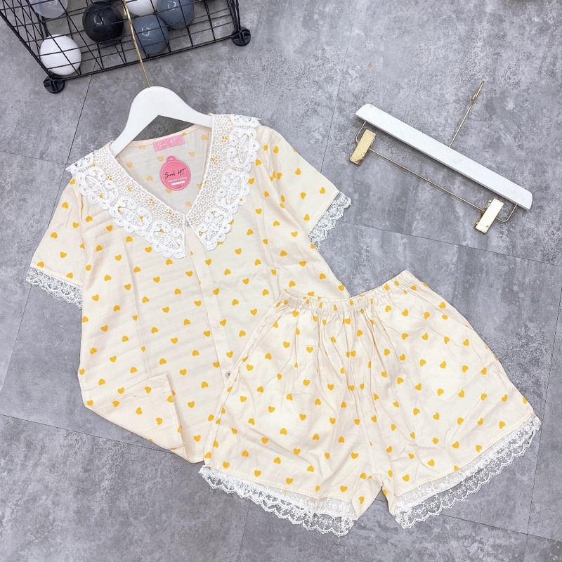 BỘ PIJAMA HOẠ TIẾT TIM VIỀN REN HÀNG THIẾT KẾ CAO CẤP BỘ ĐÙI NỮ MẶC NHÀ