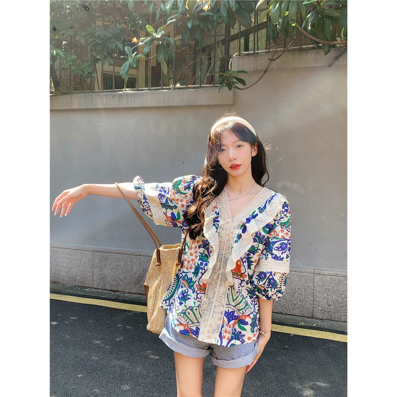 Áo Sơ Mi Tay Lỡ 3 / 4 In Hoa Phong Cách Hàn Quốc Cho Nữ