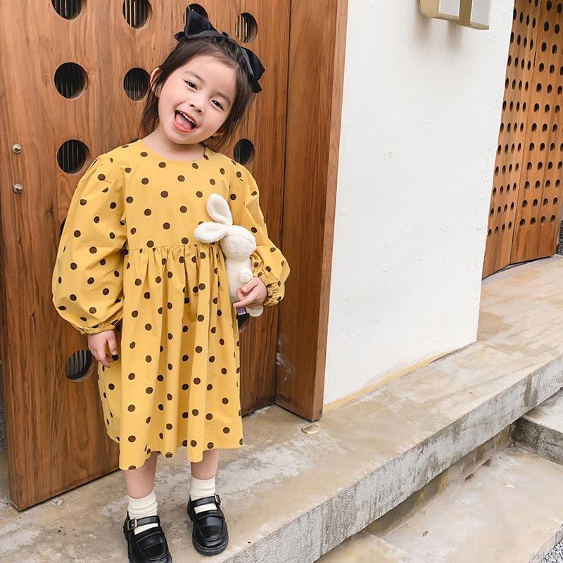 Đầm Tay Dài Họa Tiết Chấm Bi Đáng Yêu Cho Bé Gái