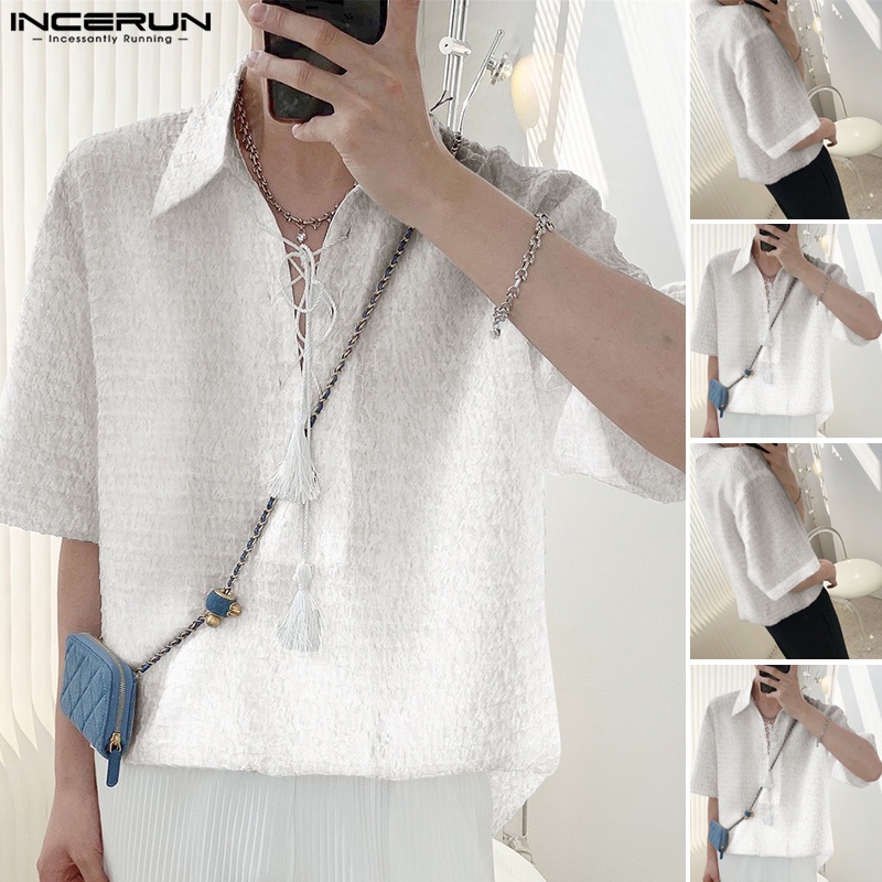 Áo sơ mi INCERUN kiểu baggy trắng tay ngắn chất nhung thời trang dành cho nam giới