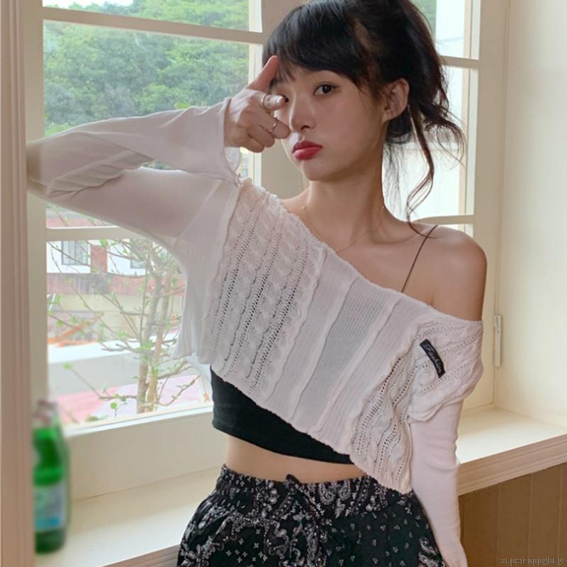 Áo Croptop Dệt Kim Tay Dài Cổ Tròn Thời Trang Mùa Thu Cho Phái Nữ