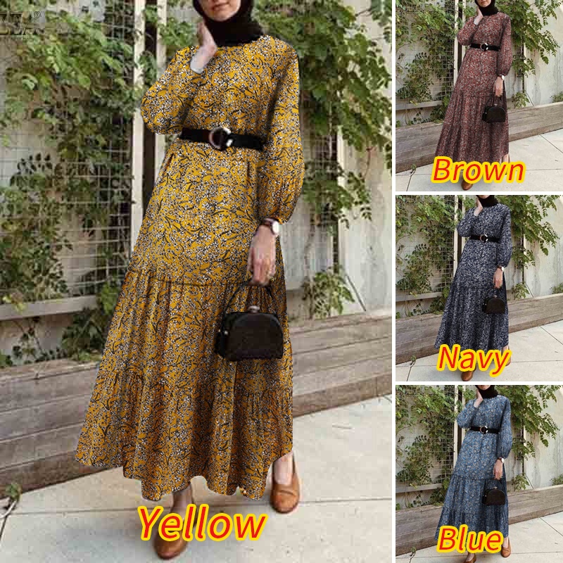 Váy maxi Zanzea tay dài họa tiết hoa phong cách cổ điển thời trang thanh lịch cho nữ