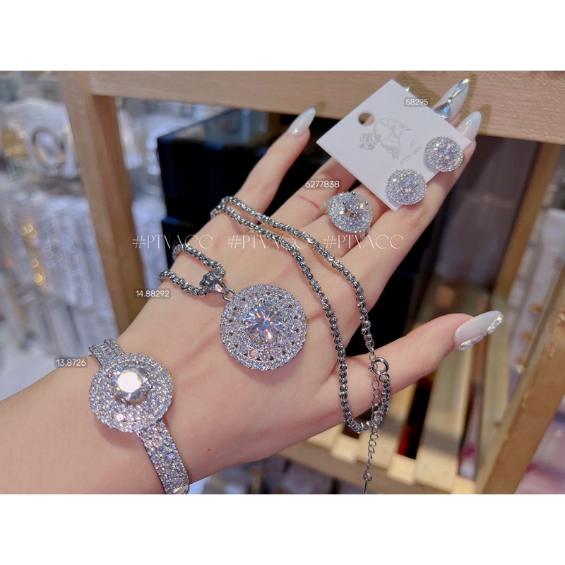Bộ trang sức xi bạch kim, set bông tai, khuyên tai, dây chuyền, vòng cổ, nhẫn, vòng tay đính full soàn dáng tròn .PTNACC