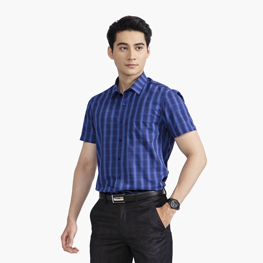 [MẪU MỚI] Áo sơ mi nam ngắn tay ARISTINO phom Perfect fit, xanh tím than kẻ trắng nổi bật - ASS315S2