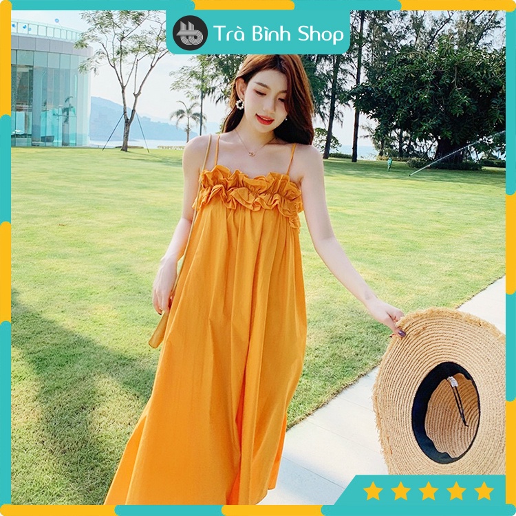 Đầm 2 dây nhún bèo Váy hai dây maxi đi biển sang chảnh