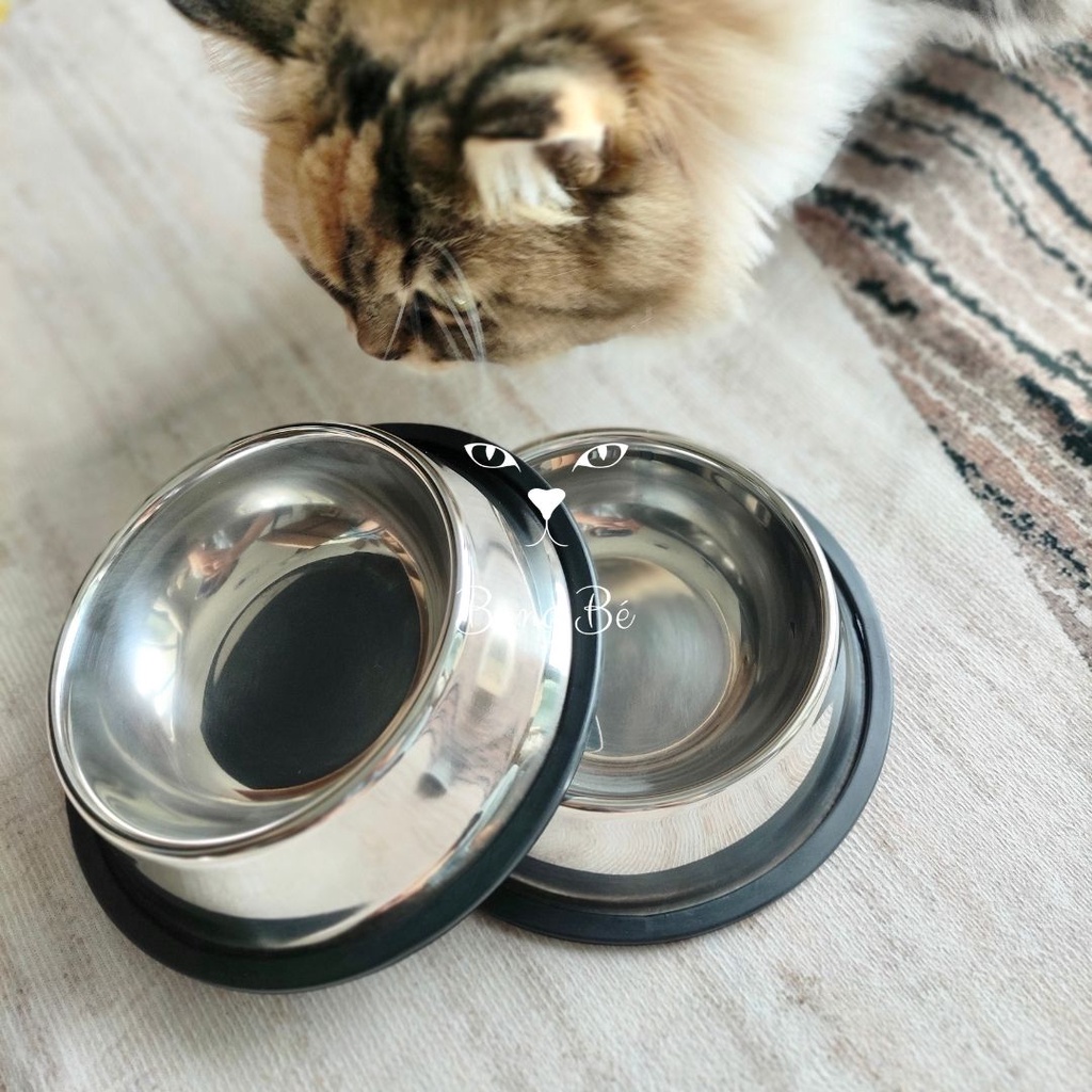 Chén ăn inox trơn (đường kính 15cm) cho chó mèo có đệm cao su chống ...