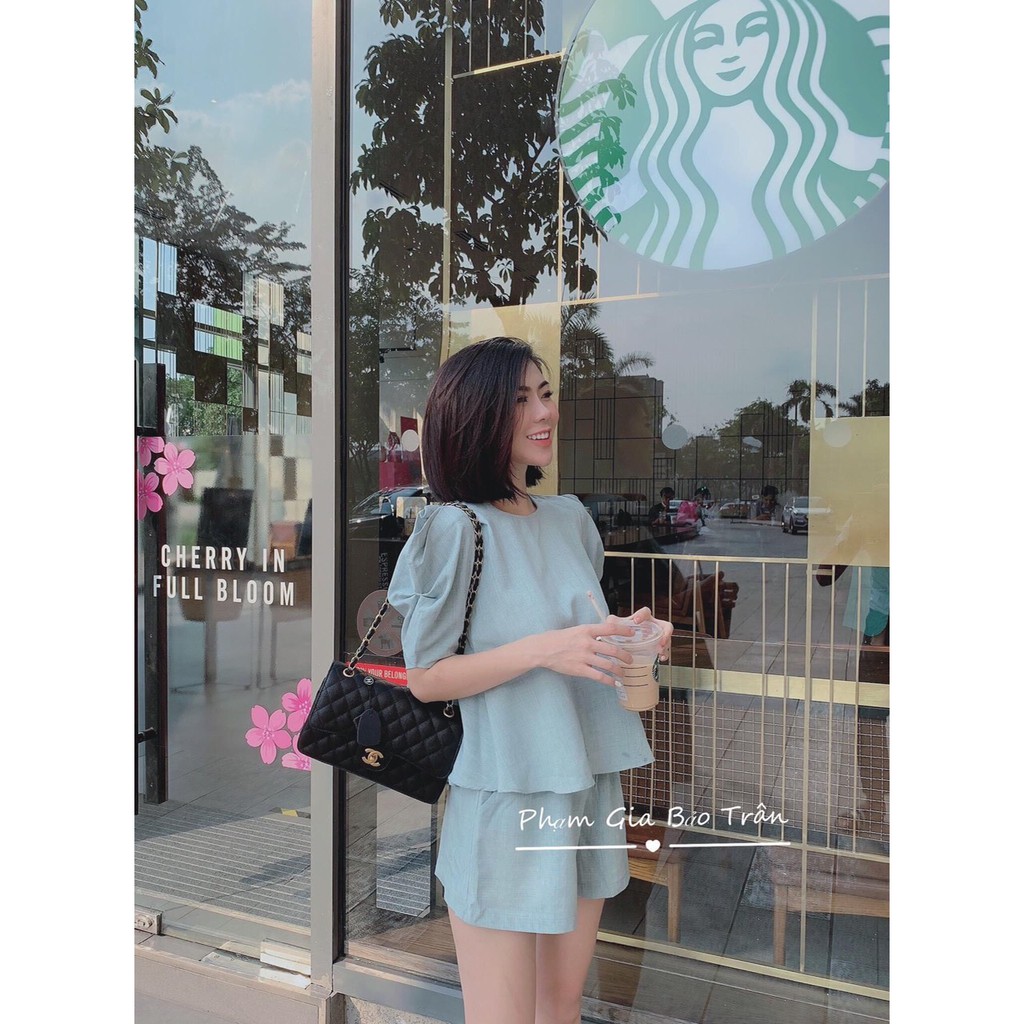 set bộ đũi áo tay bồng quần đùi nữ tính