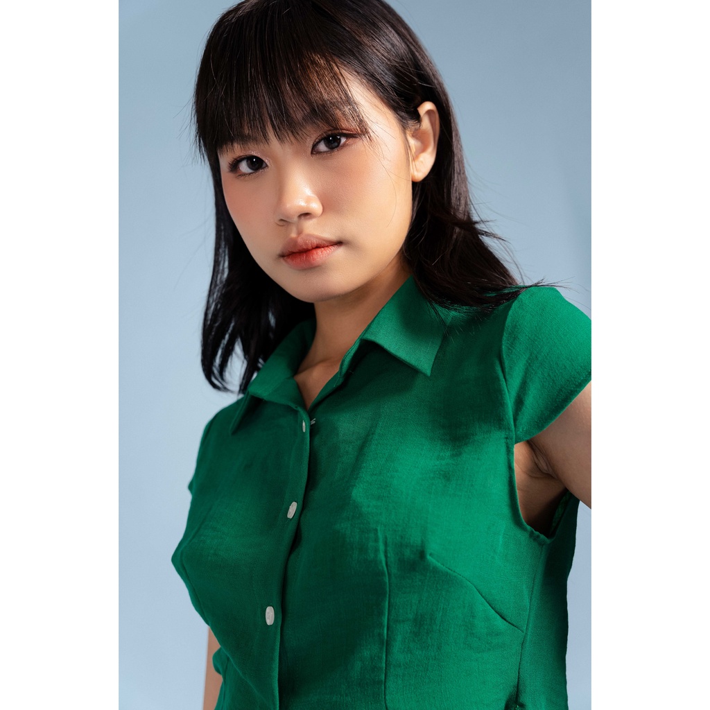 Áo sơ mi croptop tay ngắn dây thắt vòng eo thời trang GAGO màu xanh lá GA3839