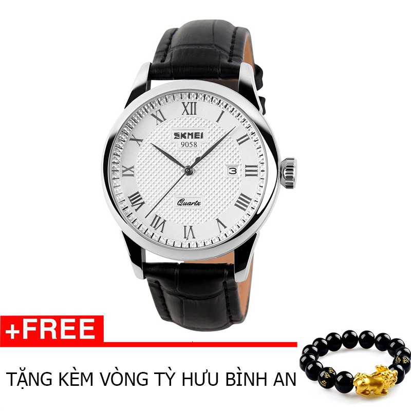 Đồng hồ nam dây da màu đen cao cấp Skmei 9058 + Tặng vòng tay phong thủy