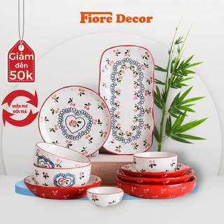 Bộ bát đĩa sứ gồm chén, thố và đĩa họa tiết cherry phong cách Hàn Quốc Fiore