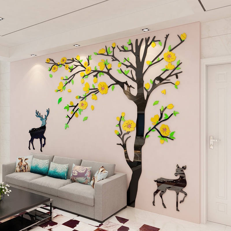 Tranh dán tường mica 3d decor khổ lớn - cây đào hồng, tranh trang trí phòng khách, phòng ngủ Nhiều Size - EPeBen