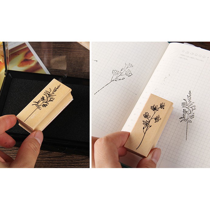 Con dấu gỗ Vintage hình Hoa lá cổ điển, dấu đóng trang trí bullet journal, sổ tay