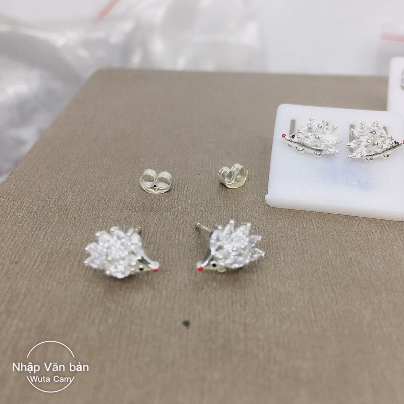 Khuyên tai nụ nhím đá hạt thóc sáng tinh xảo bạc thật NGỌC MẬU