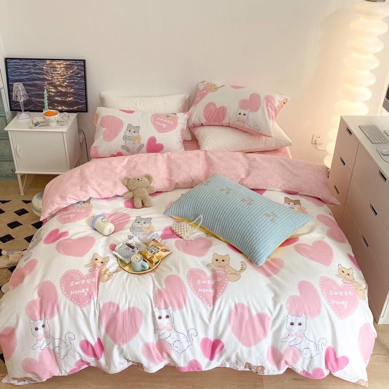 Ga gối cotton living, chăn ga gối cotton hàng nhập cao cấp 4 món vỏ chăn ga và vỏ gối mềm mịn