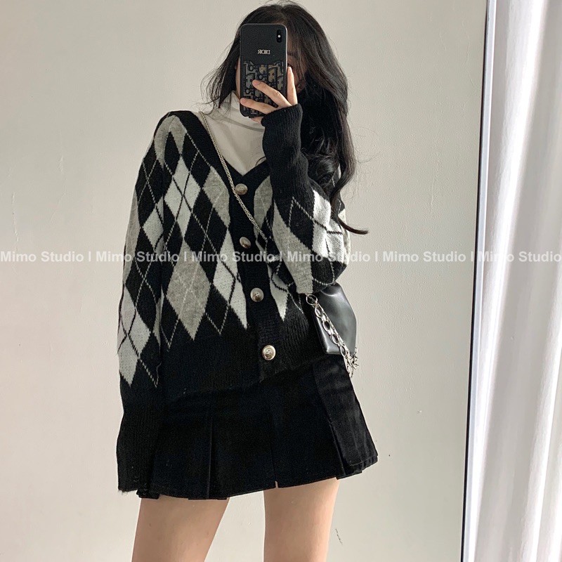 set áo cardigan - Váy nhung xếp li ( có bán tách set)