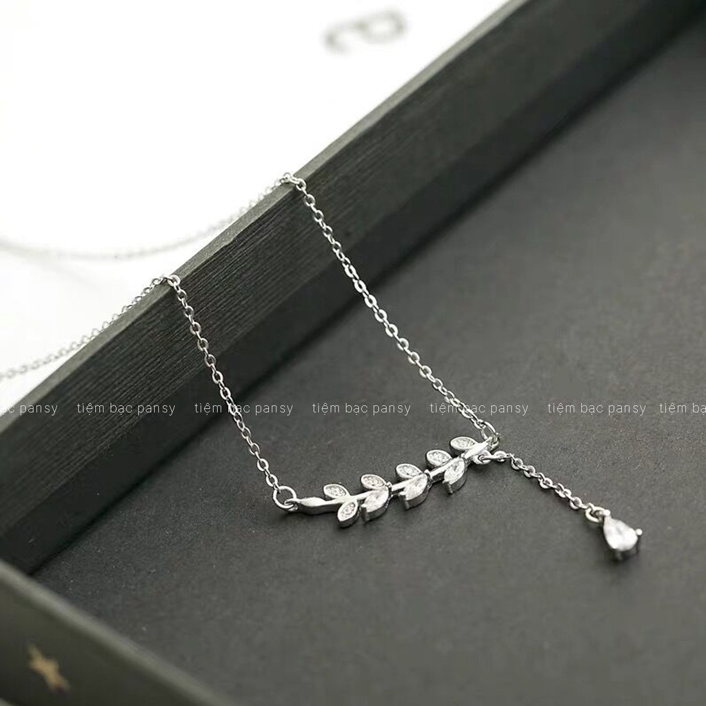 Dây chuyền bạc PANSY mặt lá liễu thả hạt, vòng cổ nữ hình lá đính đá phong cách Hàn Quốc