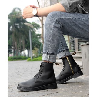 Giày Boots Cao Cổ LC1460 Zip All Black, Da trơn đen có khoá, đế khâu cao 3.5cm, dễ phối đồ