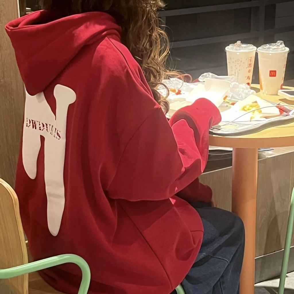 Jiashucheng Vitality Red [Cotton] INS Siêu Hot Áo Hoodie Tay Dài Dáng Rộng Mỏng Phong Cách BM Mùa Xuân Thu Cho Nữ