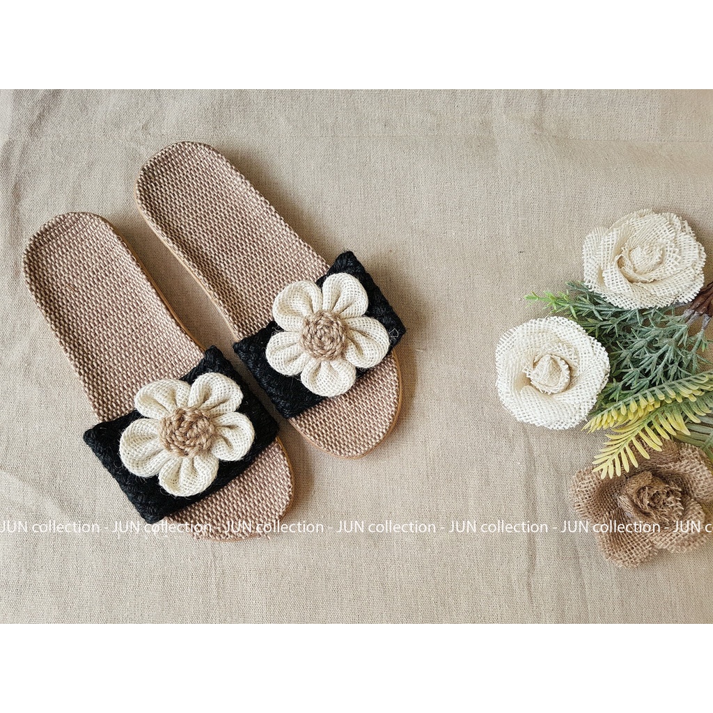 Dép cói quai ngang đính hoa handmade vintage, mang nhà, đi biển, dạo phố, Hàn Quốc