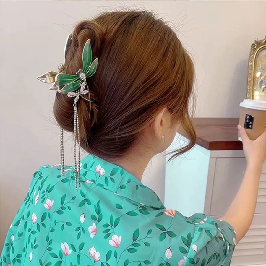 Kẹp Tóc Đuôi Ngựa Bằng Kim Loại Hình Chuồn Chuồn Đính Đá Pha Lê Xanh Lá Phong Cách Hàn Quốc
