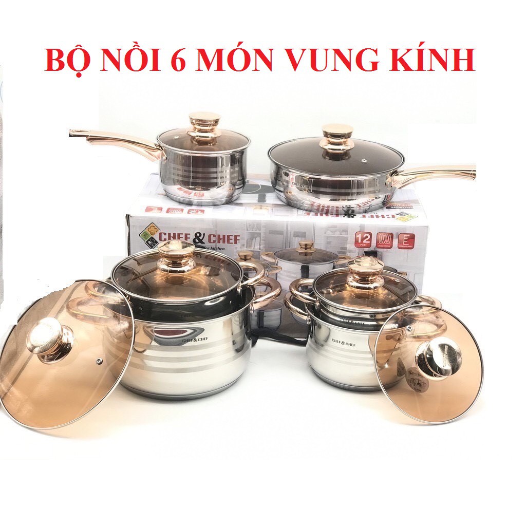 Bộ Nồi 6 Món 12 Chi Tiết Vung Kính Công Nghệ Đức