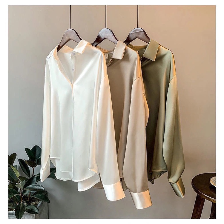 Áo sơ mi nữ áo off white áo sơ mi form rộng áo phông có cổ Áo Sơ Mi Tay Dài Chất Liệu Satin Phong Cách Cổ Điển Thời Trang Mới Cho Nữ