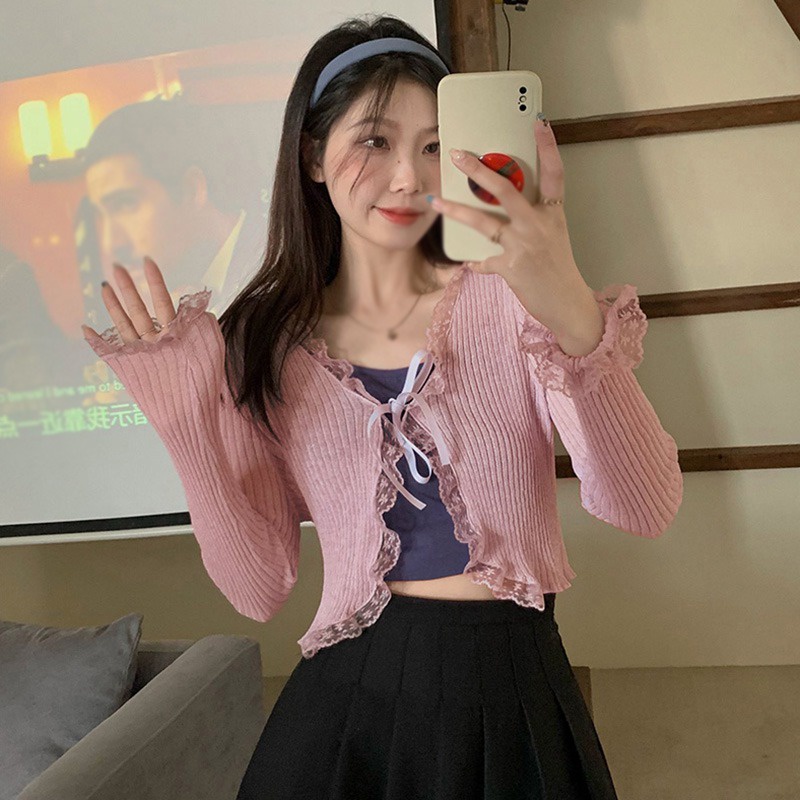 Áo Croptop Tay Dài Thiết Kế Cột Dây Phong Cách Hàn Quốc Cho Nữ