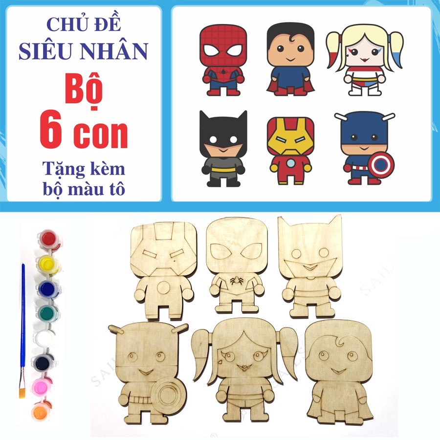 Đồ chơi giáo dục tập tô màu hình gỗ an toàn cho bé gồm 6-12 chi tiết hoạt hình nhiều chủ đề + Bộ màu vẽ 3023