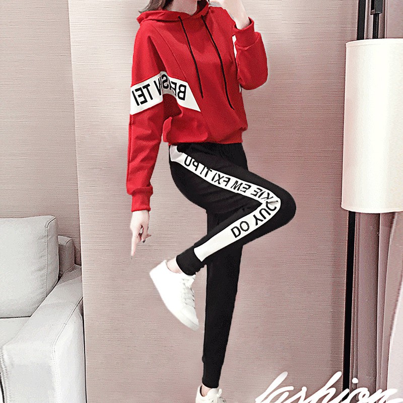 Bộ Áo Hoodie Phối Quần Dài Thể Thao Màu Đỏ / Đen Phong Cách Năng Động Thời Trang Mùa Thu Đông Cho Phụ Nữ  (Có Bán Lẻ)