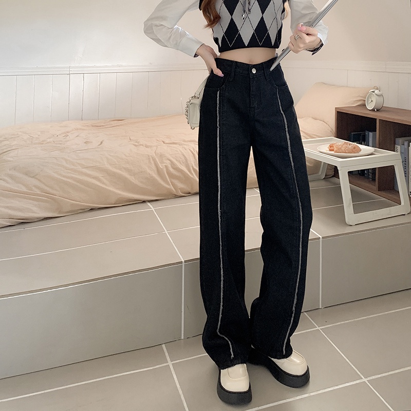 【ZHELIHANGFEI】Quần Jean Ống Rộng Lưng Cao Cá Tính Dễ Phối Đồ
