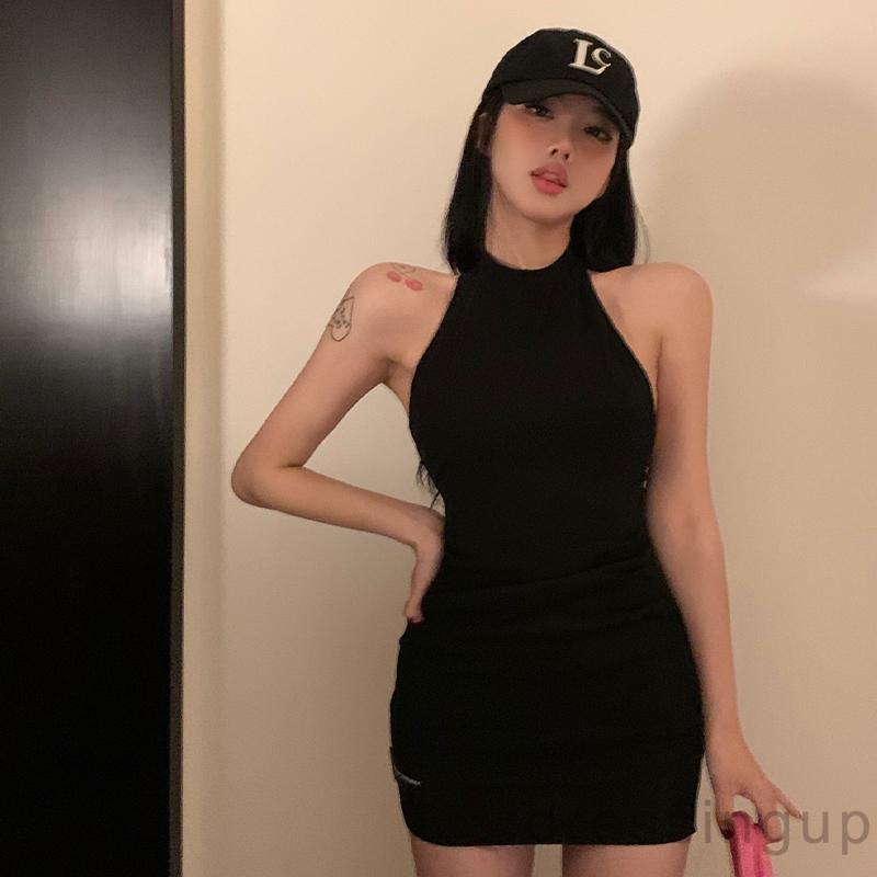 DRE-Ladies Summer Slim Short Dress, Solid Color Round Collar Sleeveless Off Shoulder Backless Hip Dress