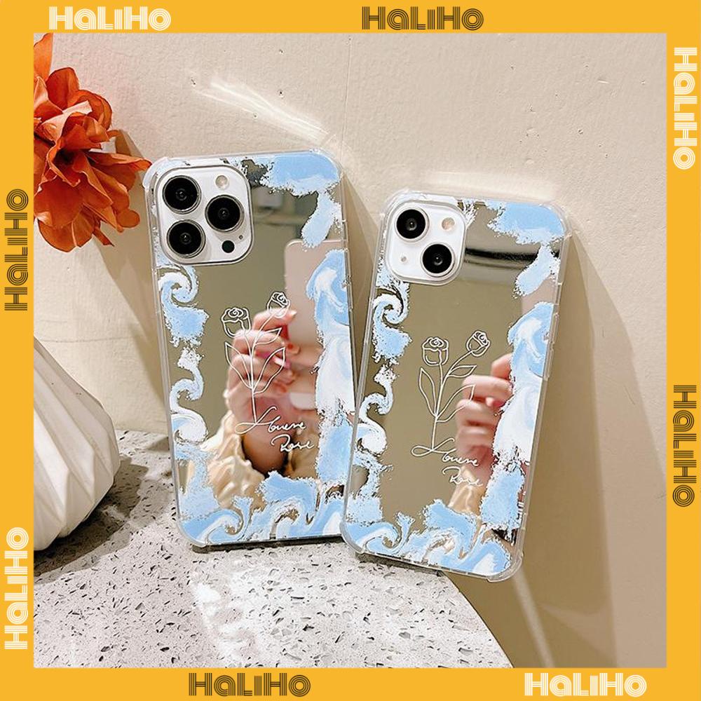 iPhone Case Acrylic HD Makeup Mirror Airbag Shockproof Protection Camera Blue Rose Flower Compatible For iPhone 11 iPhone 13 Pro Max iPhone 12 Pro Max iPhone 7 Plus iPhone xr