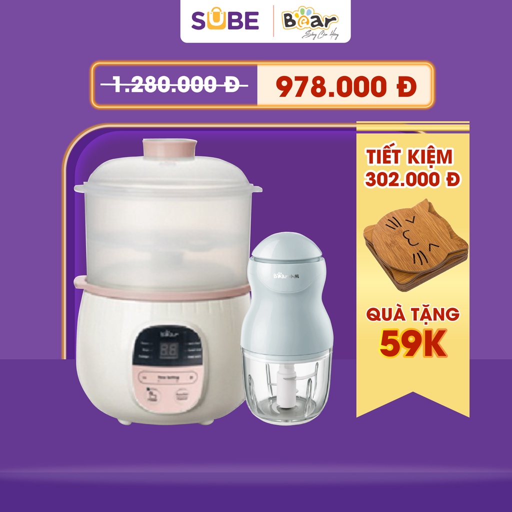 Combo Nồi Nấu Chậm 0,8L Bear  SUBE001 + Máy Xay Ăn Dặm 0,3L Bear B03V2 nấu cháo, chưng yến, đồ ăn dặm, tiện dụng