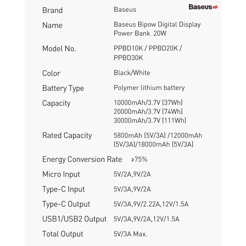 Pin sạc dự phòng Baseus Bipow Digital Display Power Bank