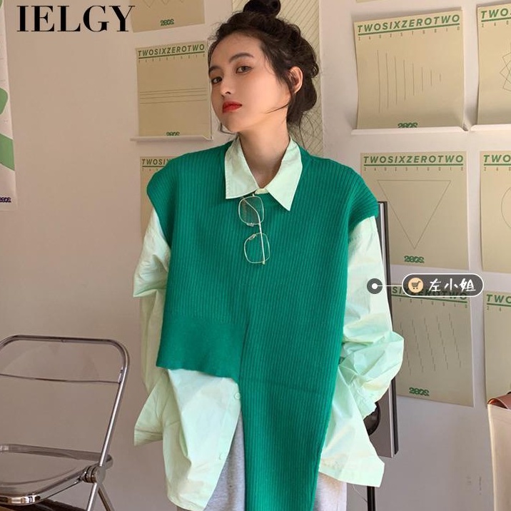 Set áo sơ mi tay dài + áo sweater không tay IELGY trẻ trung cho nữ (có bán lẻ)