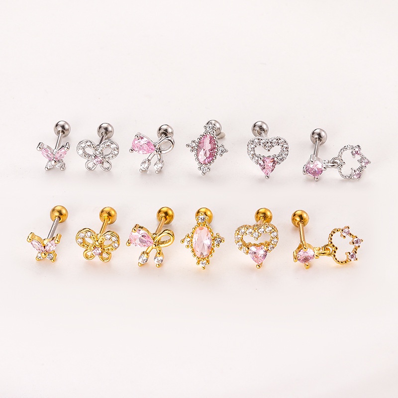 1 Khuyên Tai Helix Pinna 20Gauge Hình Bướm Trái Tim Bằng Thép Không Gỉ Đính Đá Zircon Màu Hồng
