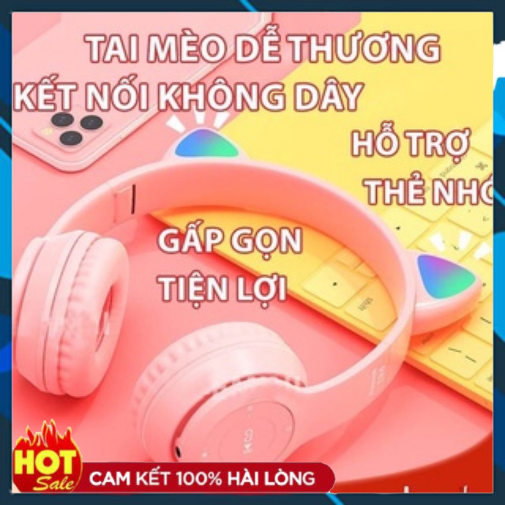 Tai Nghe Mèo Bluetooth Headphone Dễ Thương Có Mic Âm Bass Mạnh Mẽ Và Dung Lượng Pin Khủng