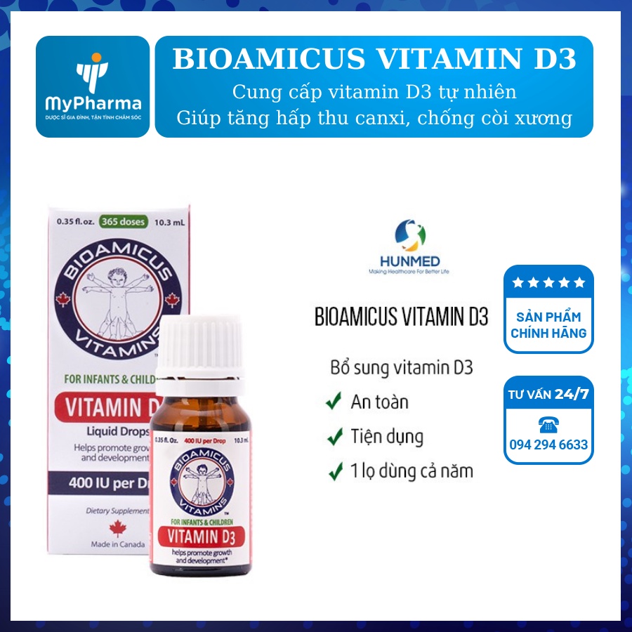 Bioamicus Vitamin D3- Tăng khả năng hấp thu canxi cho xương chắc khỏe, chống còi xương ở trẻ - lọ 10ml - 365 giọt