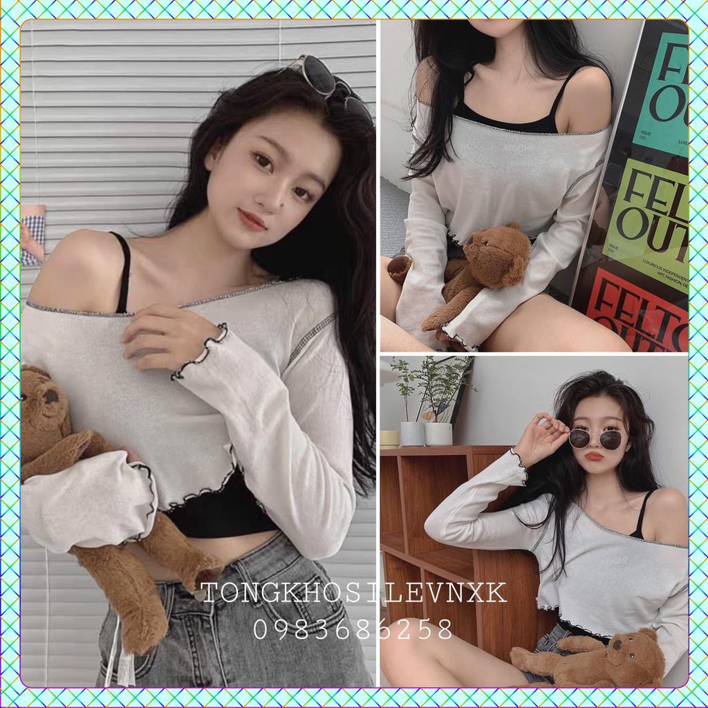 SET CROPTOP LỆCH VAI VIỀN BÈO NỮ - ÁO THUN GIẤY CROPTOP DÀI TAY TRẮNG VIỀN CHỈ MIX ÁO 2 DÂY ĐEN