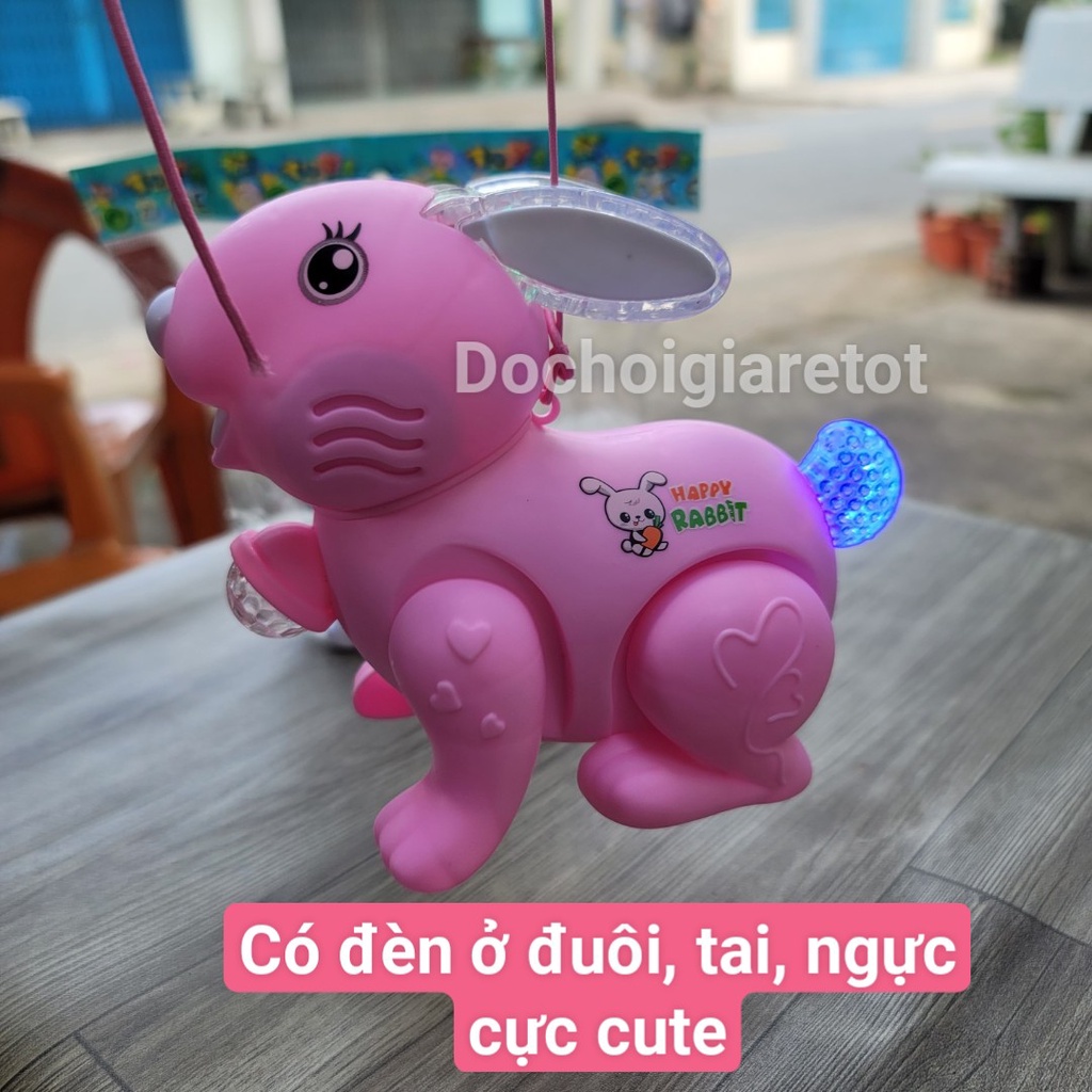 Đồ chơi con thỏ pin có nhạc đèn kèm dây dắt cho bé