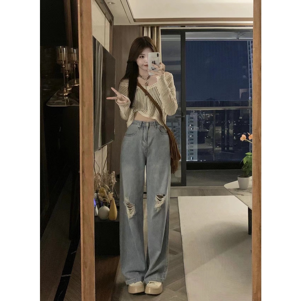 Quần jeans Dài Ống Rộng Thời Trang Hàn Quốc Cho Nữ