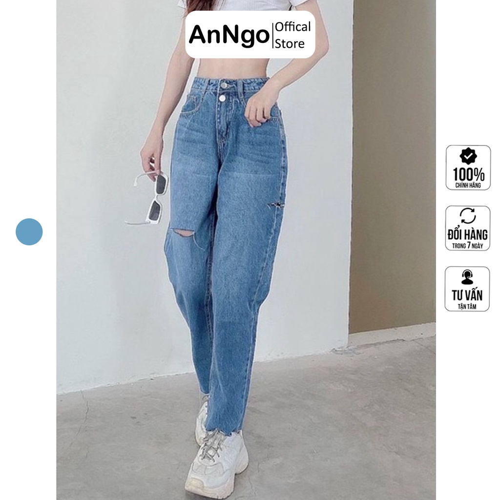 Quần jean nữ baggy ống bo rách gối , chất vải Jean Denim không co giãn, dày bền màu AnNgo - AT135