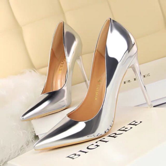 (HÀNG CÓ SẴN)9511-7 GIày cao gót BIGTREE màu bạc siêu sang chảnh size 41
