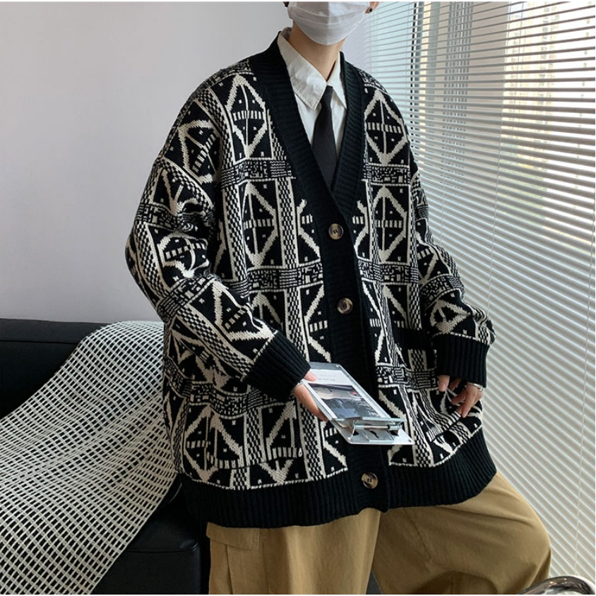 Áo khoác len cardigan sọc caro đen trắng dáng rộng cổ chữ v kiểu retro Hàn Quốc thanh lịch cho Hàn Quốc unisex nam