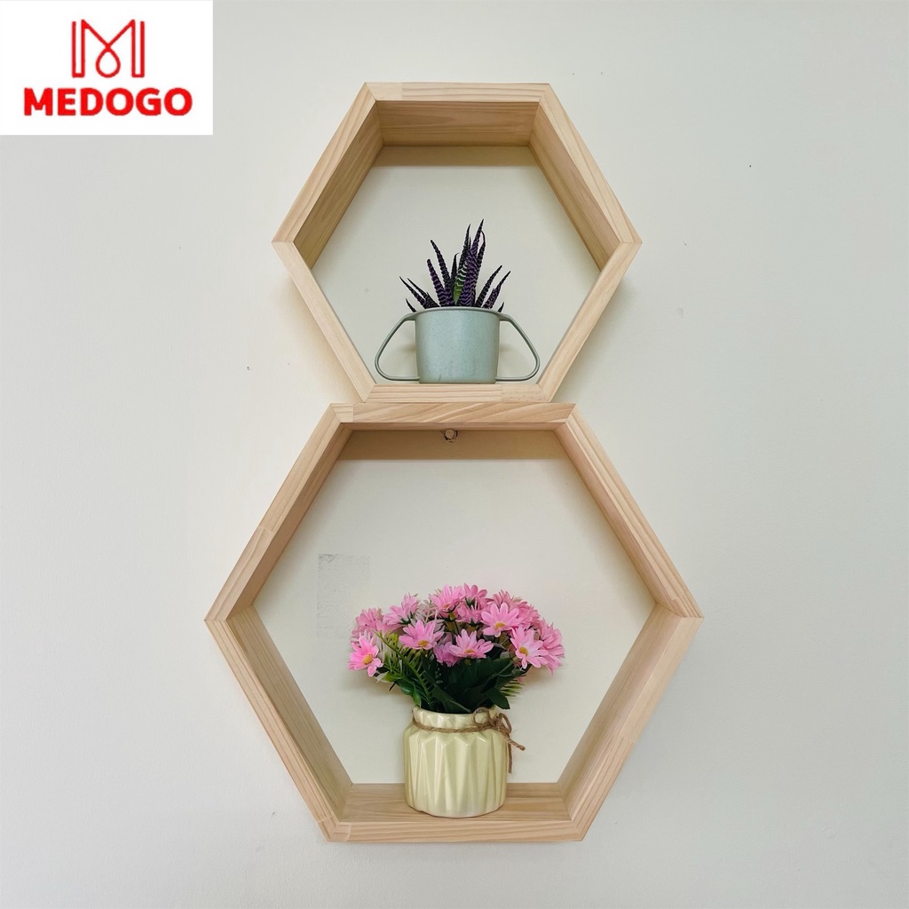 Kệ gỗ MEDOGO lục giác treo tường gỗ thông nhập khẩu trang trí nội thất phòng khách độc đáo