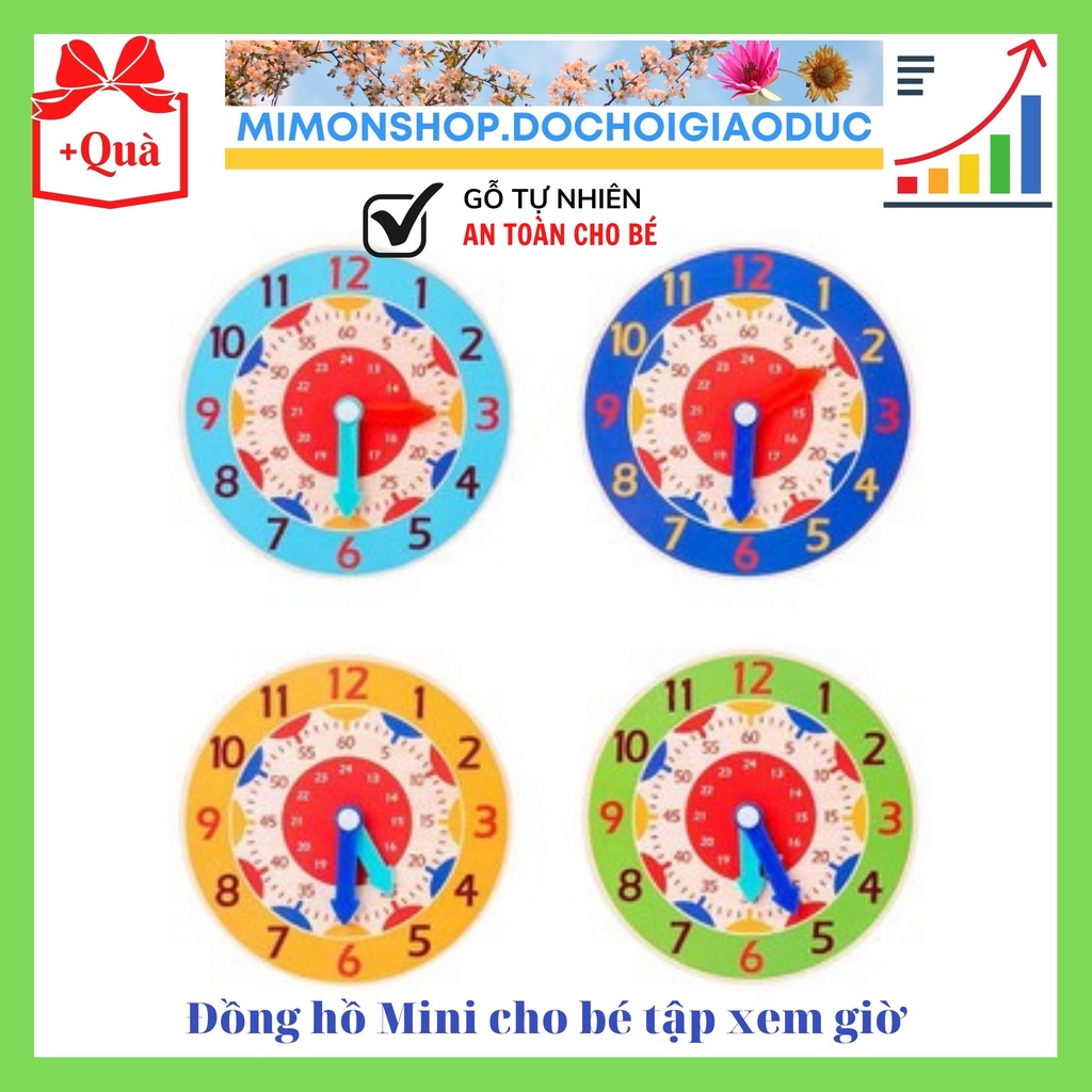 Đồ chơi Đồng hồ gỗ MINI nhiều màu sắc cho trẻ học xem giờ, phút, giây và số đếm từ 1 đến 12 an toàn cho bé MIMON