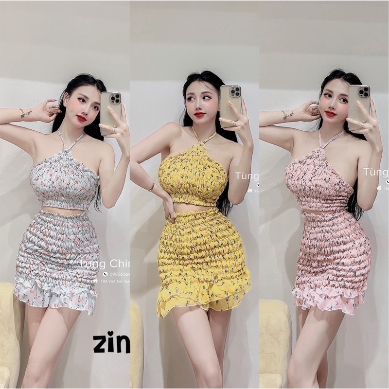Set áo yếm chun hoa + chân váy
